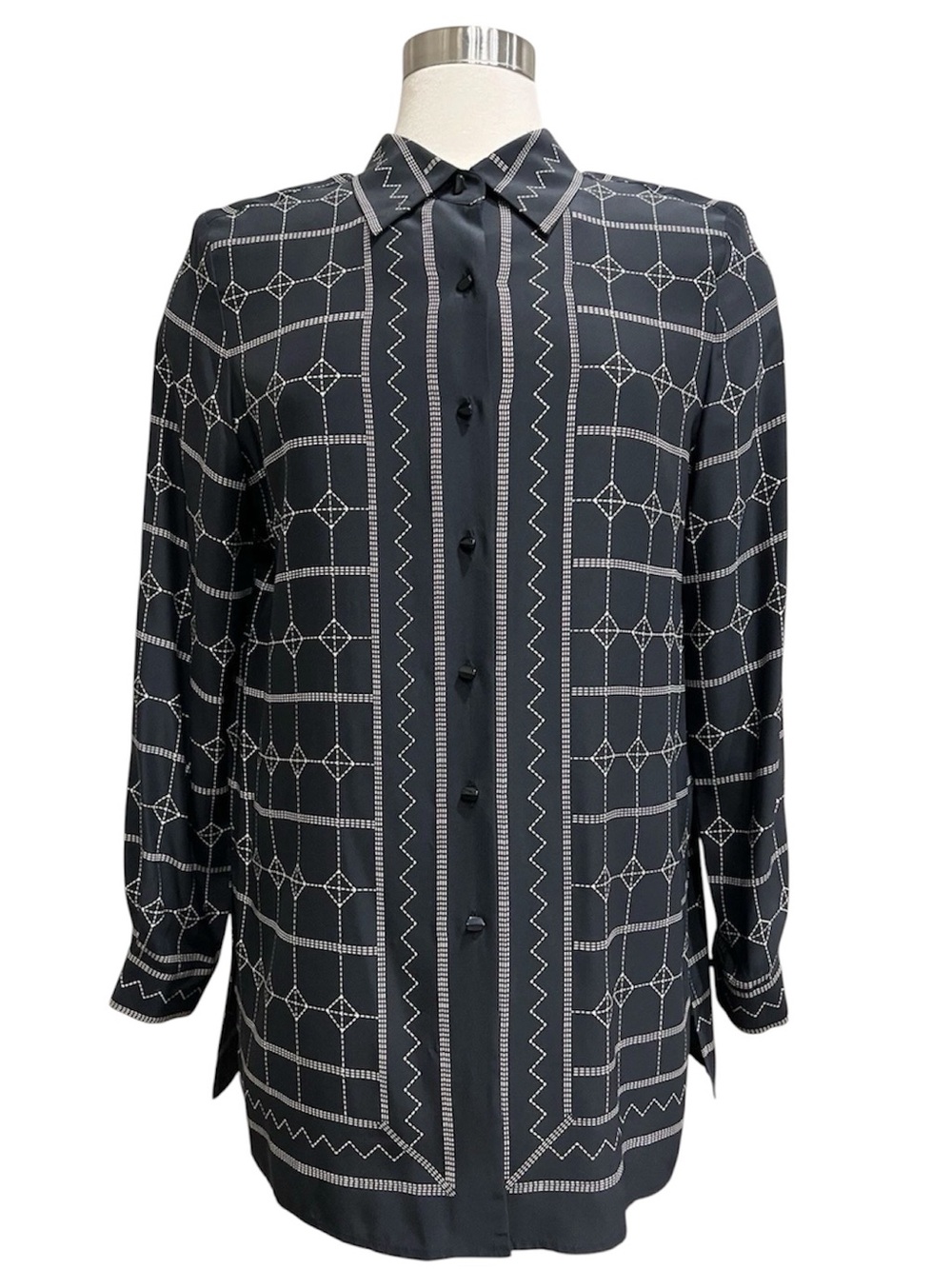 Liz Claiborne Button-Up Sz 10 Silk Blouse Geometric Abstract Modest